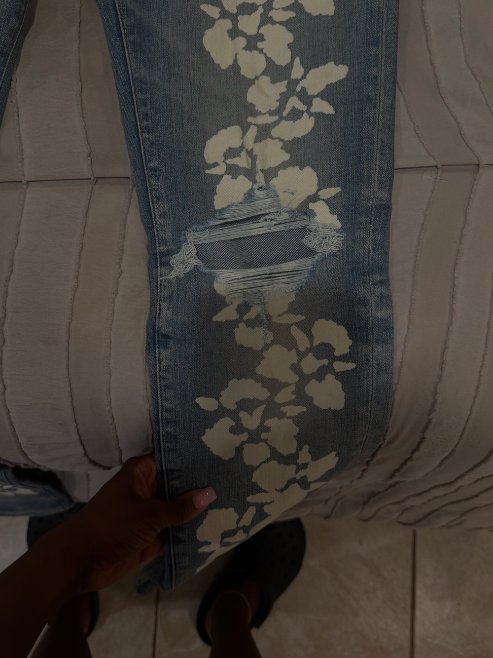 AMIRI Light Blue Slim Straight Jeans with White Floral Print